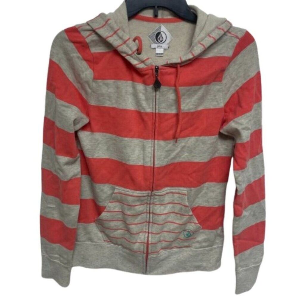 Volcom VINTAGE Kids Y2K Orange Greyβ Striped Zip up Hoodie SMALL